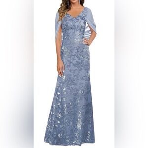 V-Neck Slate Blue Sequin Maxi Mermaid Dress with Cape Sleeves Size 12.